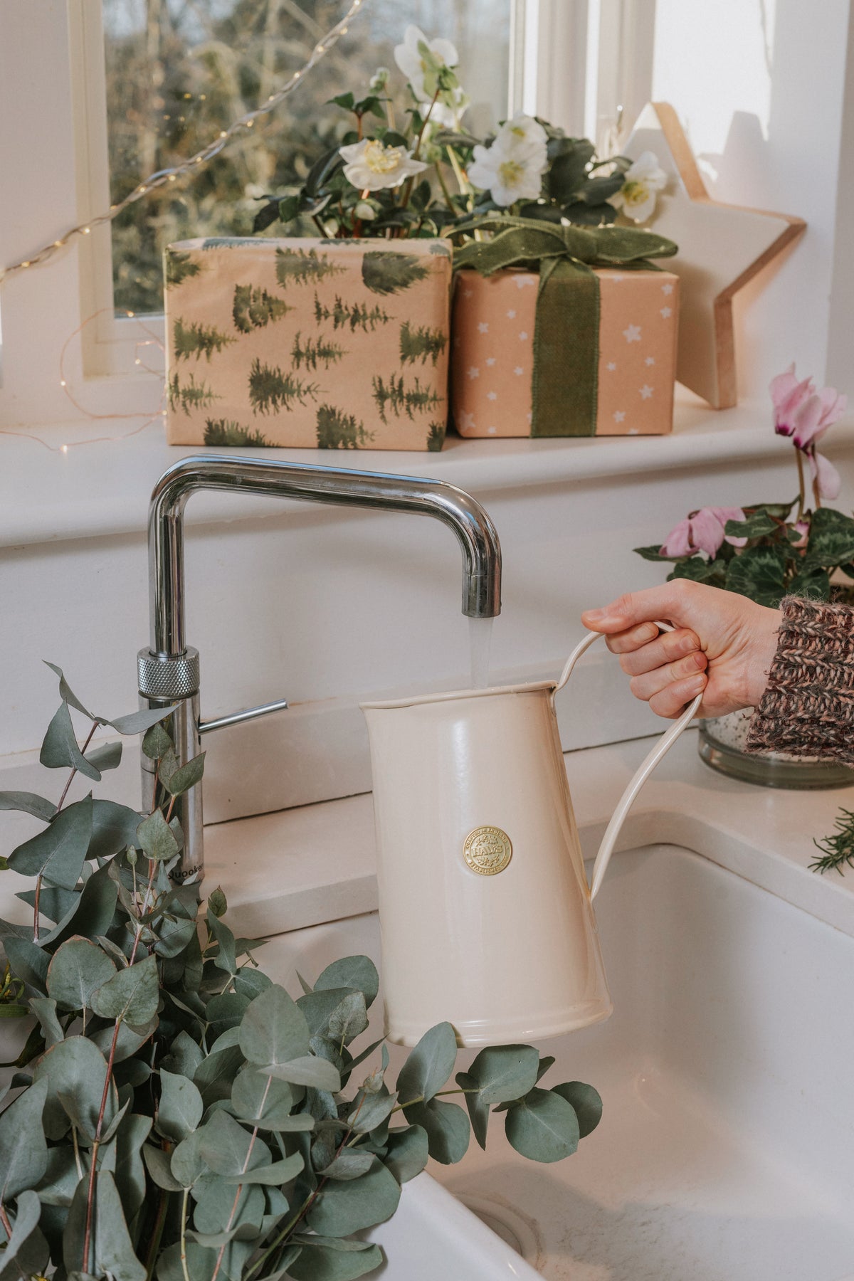 A hand holds a cream-colored metal watering can with a gold emblem next to a chrome faucet in a bright indoor setting with potted plants and wrapped gift boxes on the windowsill.