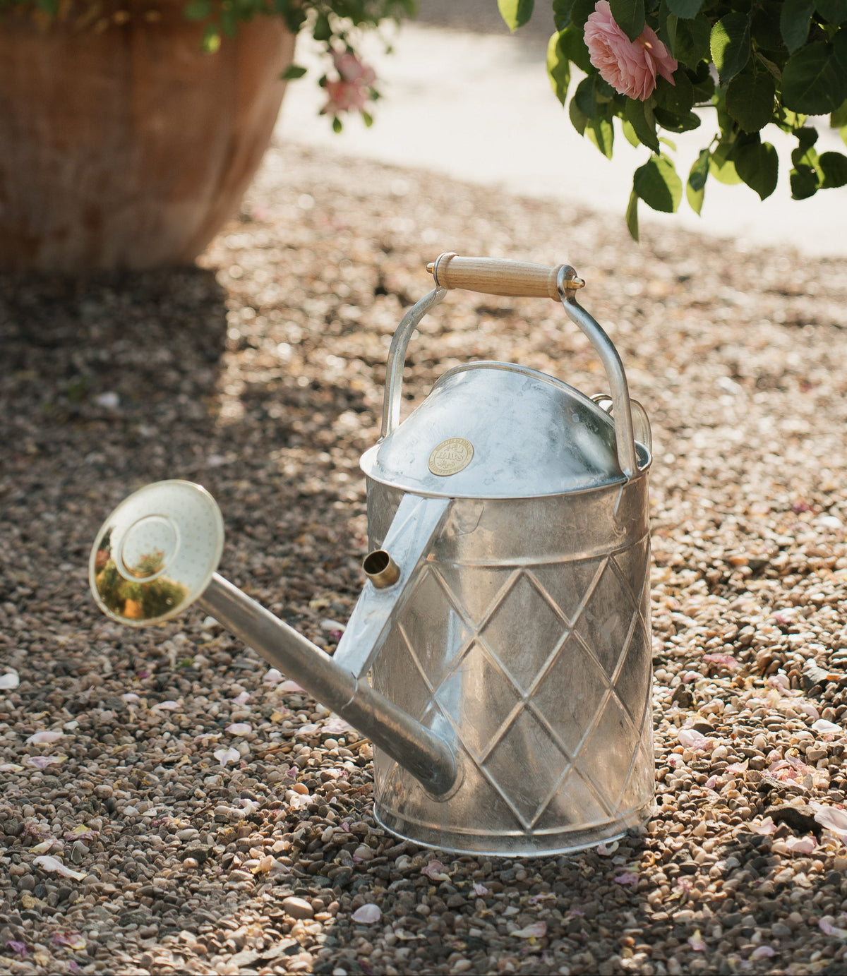 A Haws Hockley Heritage galvanized metal watering can with a diamond-patterned body and a wooden handle, placed on a gravel path between potted pink roses.
